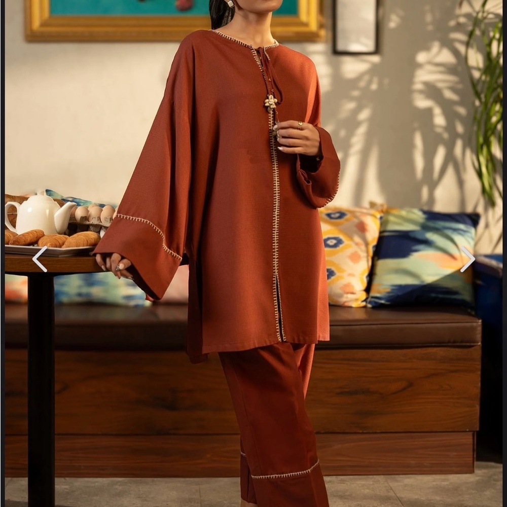 Elegant Women's Long Sleeve Two-Piece Dress Set in Rust